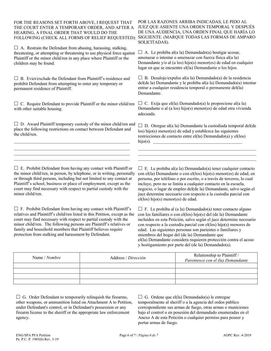 Petition for Protection From Abuse - Pennsylvania (English / Spanish), Page 6