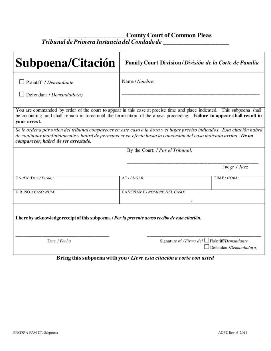 Pennsylvania Subpoena (English/Spanish) Fill Out, Sign Online and