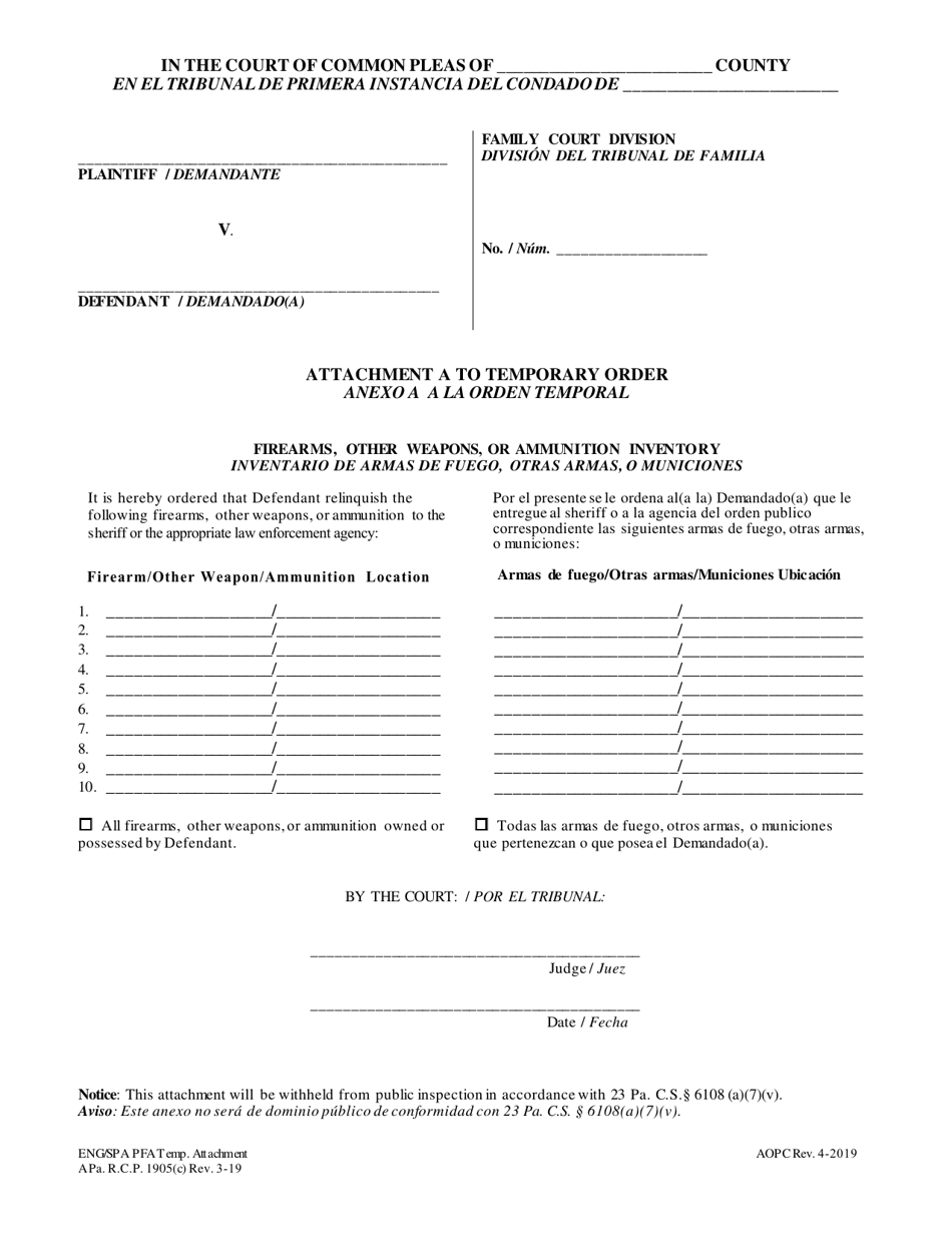 Attachment A Temporary Order - Pennsylvania (English / Spanish), Page 1