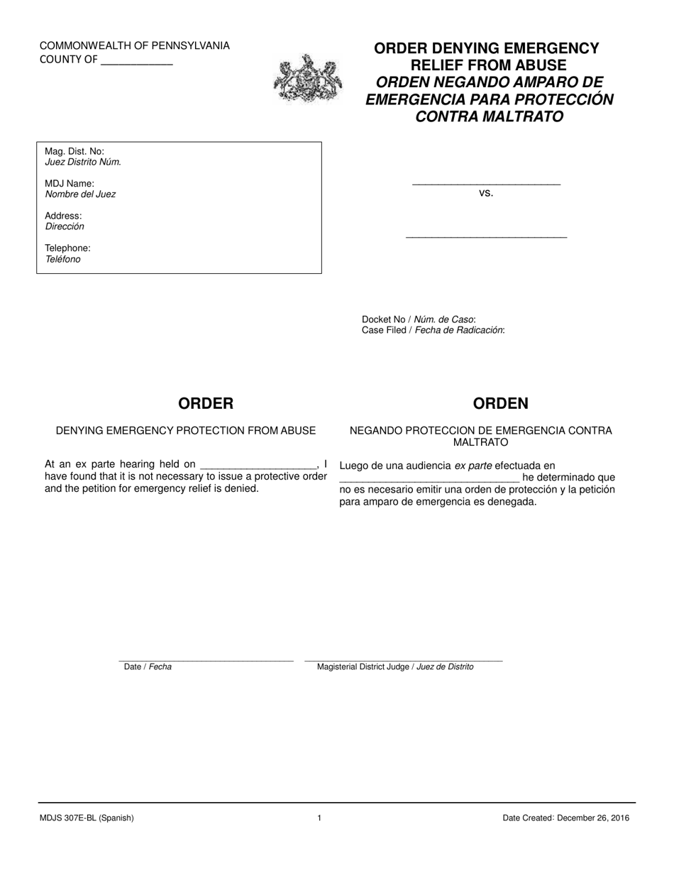 Form MDJS307E-BL (SP) Order Denying Emergency Relief From Abuse - Pennsylvania (English / Spanish), Page 1