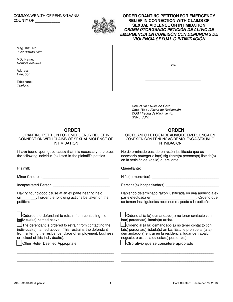 Form MDJS306D-BL (SP) Order Granting Petition for Emergency Relief in Connection With Claims of Sexual Violence or Intimidation - Pennsylvania (English / Spanish), Page 1