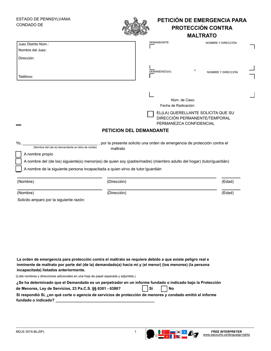 Formulario MDJS307A-BL(SP) Peticion De Emergencia Para Proteccion Contra Maltrato - Pennsylvania (Spanish), Page 1