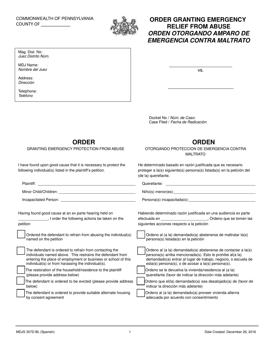 Form MDJS307D-BL Order Granting Emergency Relief From Abuse - Pennsylvania (English / Spanish), Page 1