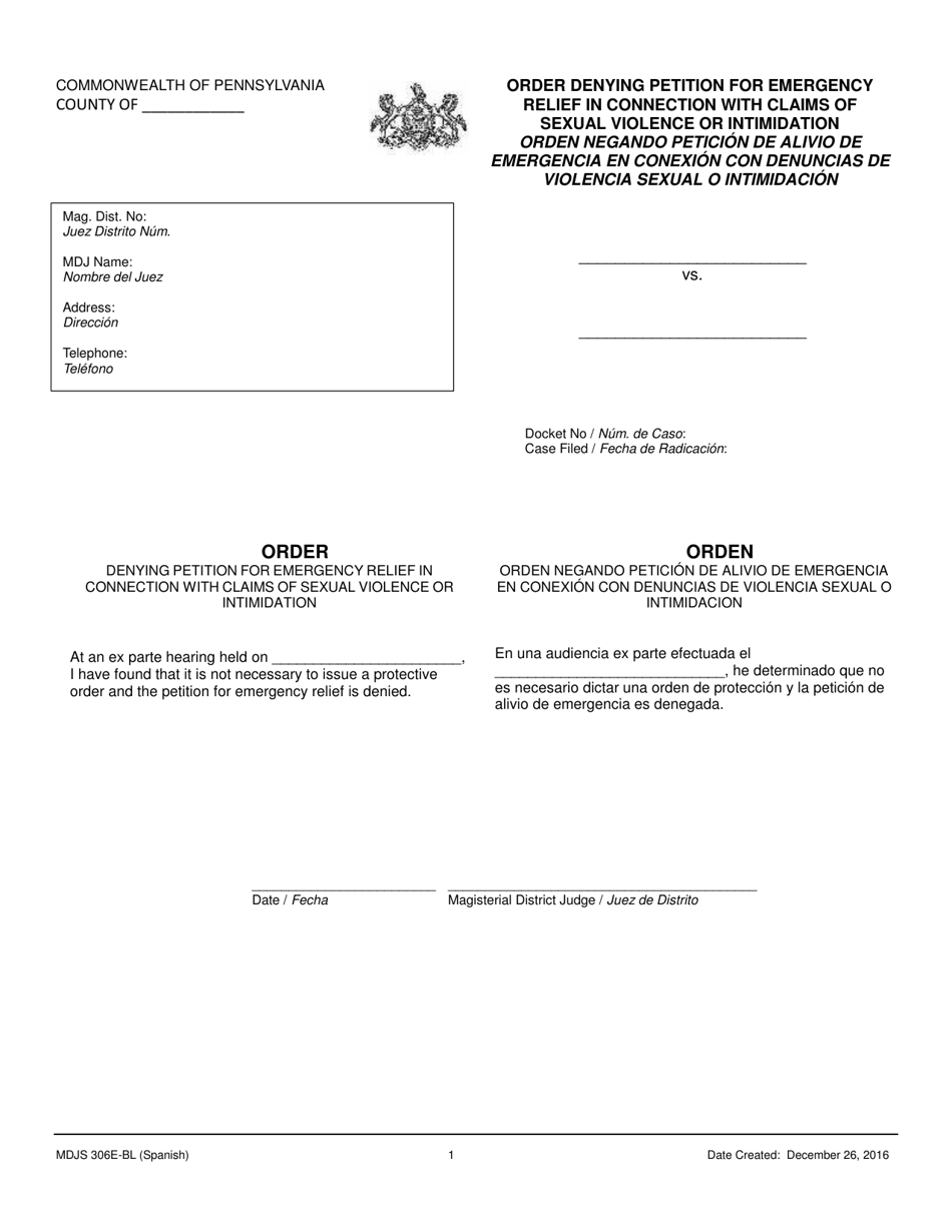 Form MDJS306E-BL Order Denying Petition for Emergency Relief in Connection With Claims of Sexual Violence or Intimidation - Pennsylvania (English / Spanish), Page 1