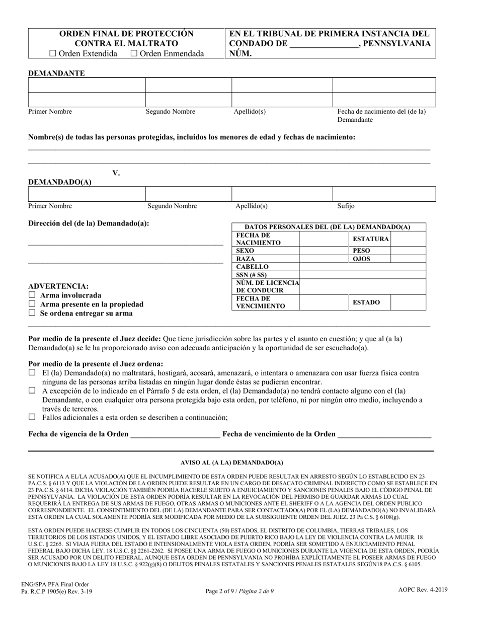 Final Protection From Abuse Order - Pennsylvania (English / Spanish), Page 2
