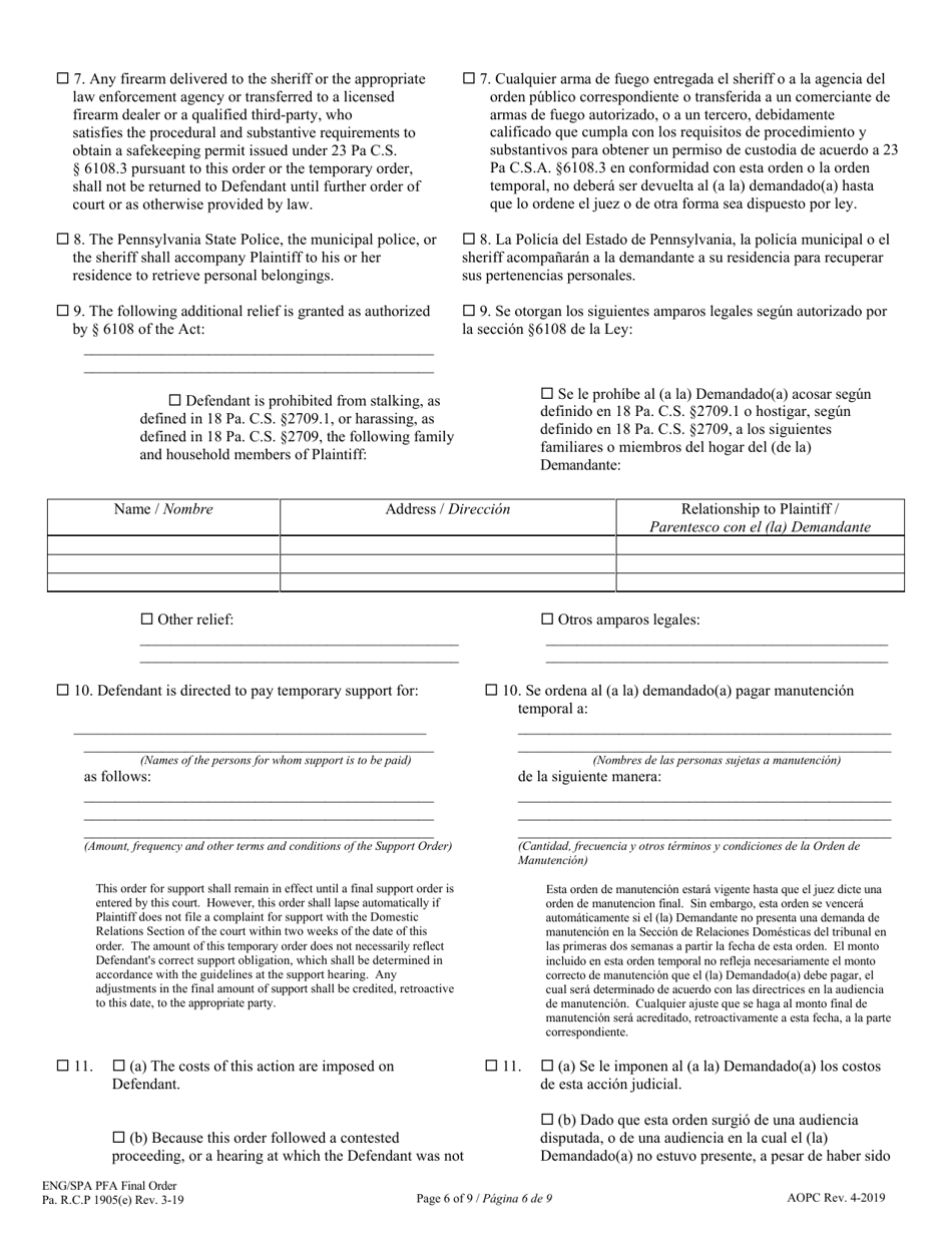 Final Protection From Abuse Order - Pennsylvania (English / Spanish), Page 6