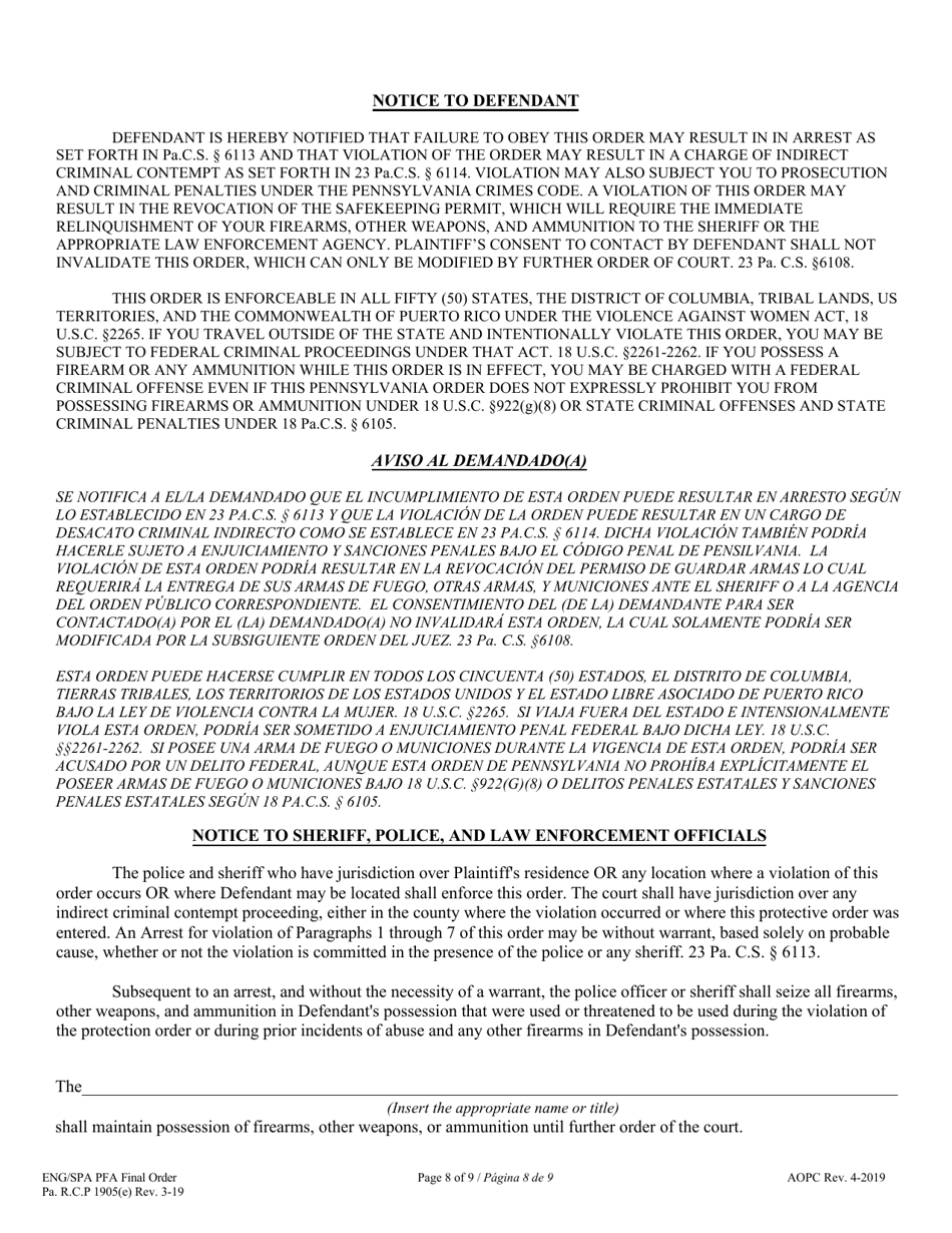 Final Protection From Abuse Order - Pennsylvania (English / Spanish), Page 8