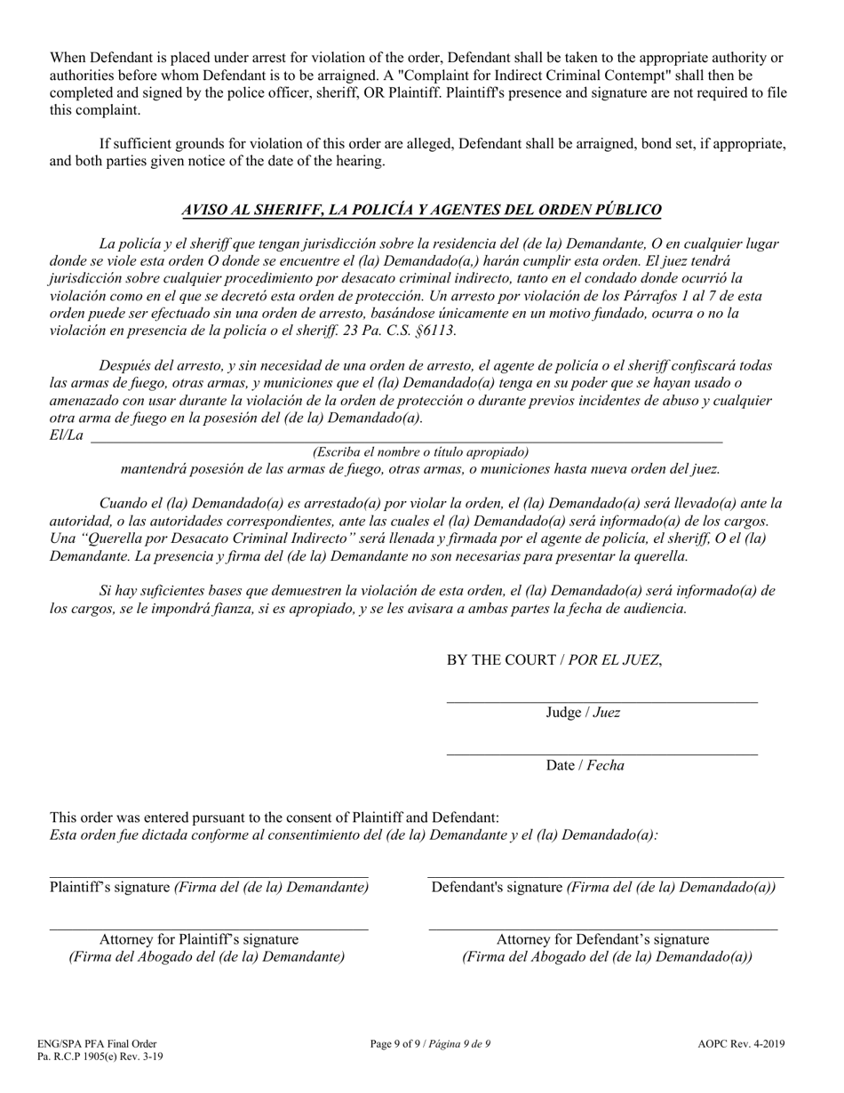Final Protection From Abuse Order - Pennsylvania (English / Spanish), Page 9