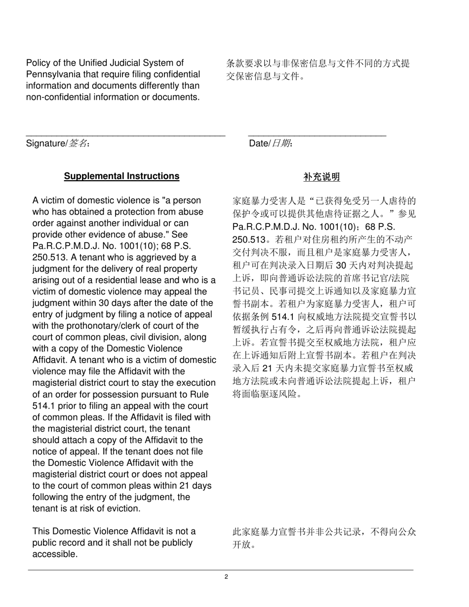 Domestic Violence Affidavit - Pennsylvania (English / Chinese Simplified), Page 2