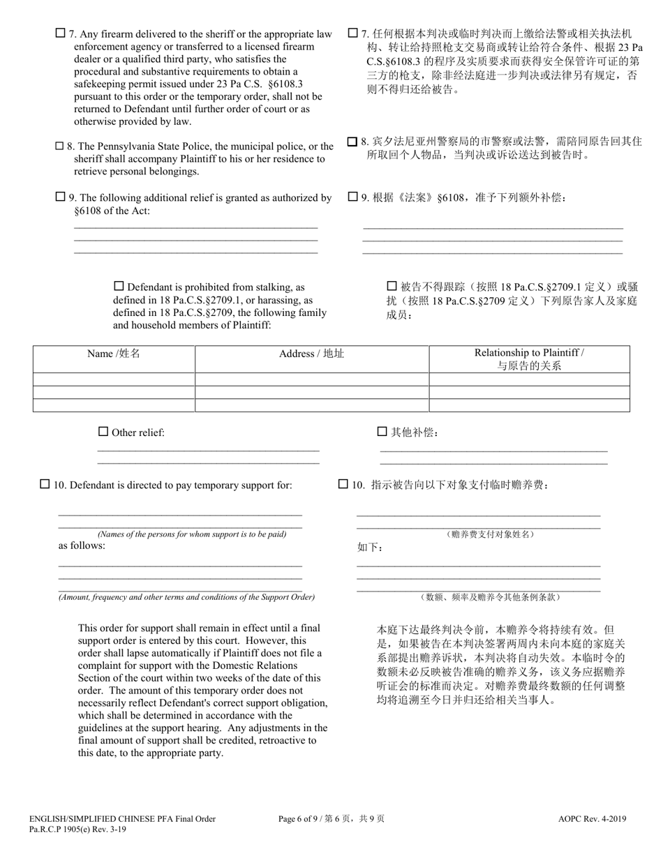 Final Protection From Abuse Order - Pennsylvania (English / Chinese Simplified), Page 6