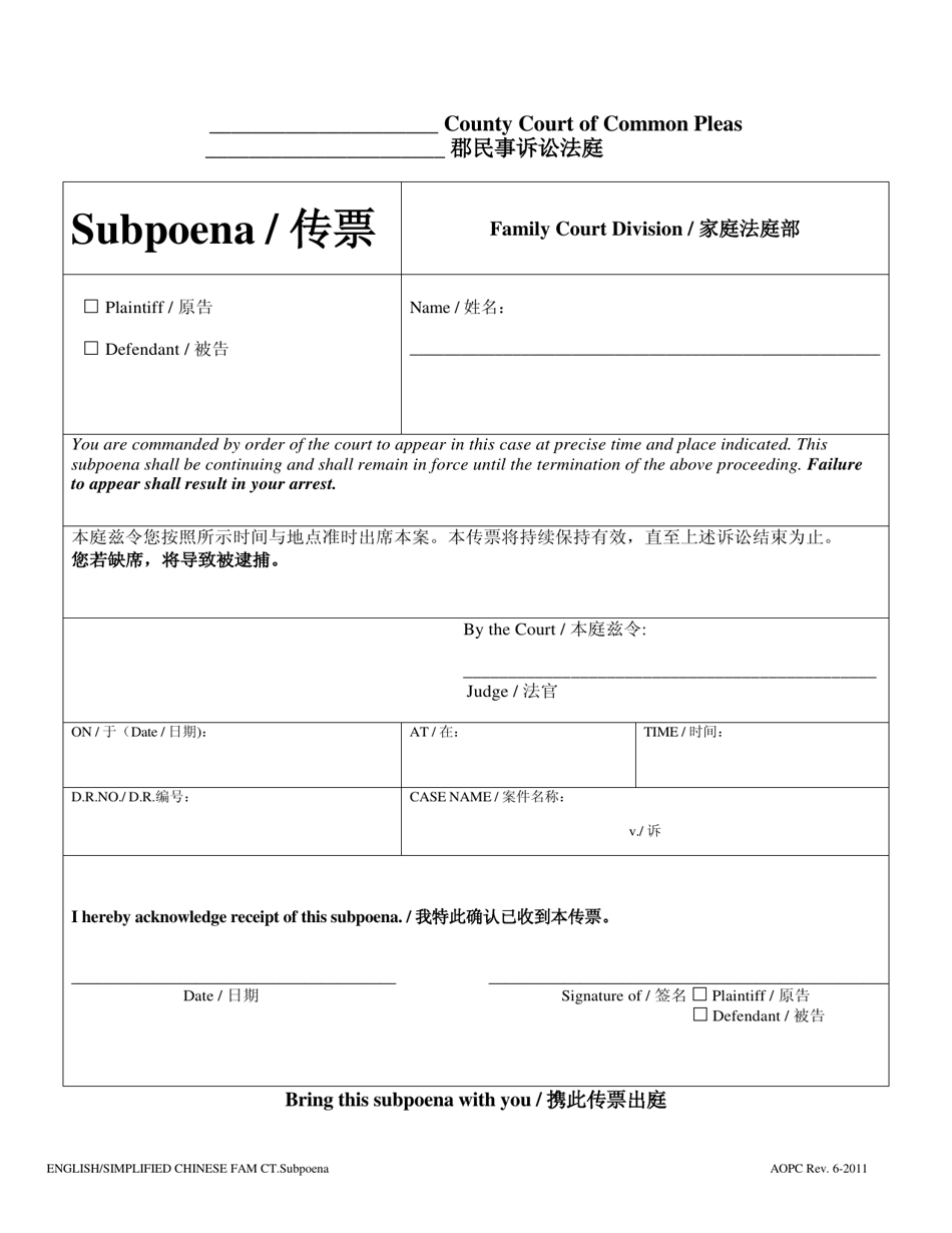 Subpoena - Pennsylvania (English / Chinese Simplified), Page 1