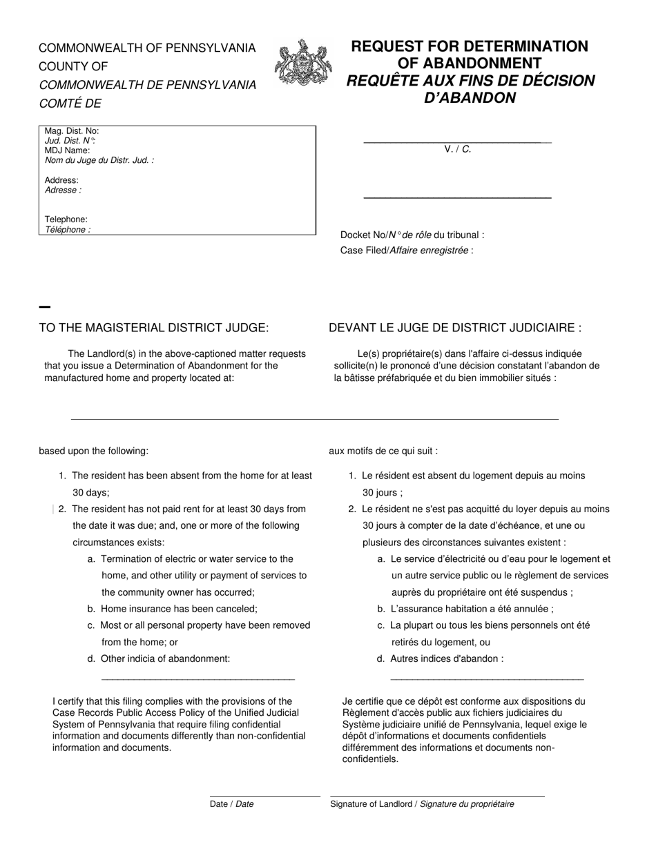 Request for Determination of Abandonment - Pennsylvania (English / French), Page 1