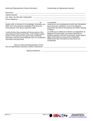 Form AOPC317 Authorization of Representative - Pennsylvania (English/French), Page 2
