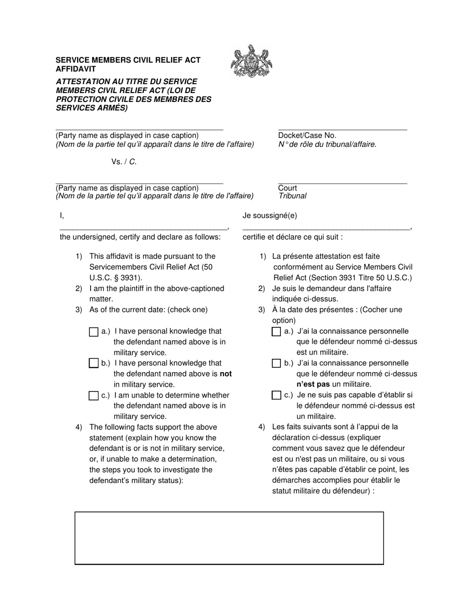 Servicemembers Civil Relief Act Affidavit - Pennsylvania (English / French), Page 1