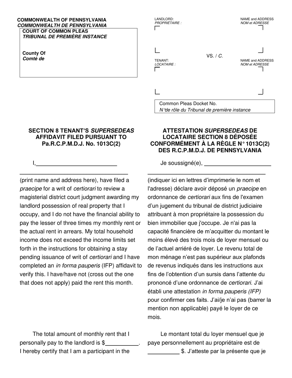Form AOPC312-08 (C) Section 8 Tenants Supersedeas Affidavit Filed Pursuant to Pa.r.c.p.m.d.j. No. 1013c(2) - Pennsylvania (English / French), Page 1