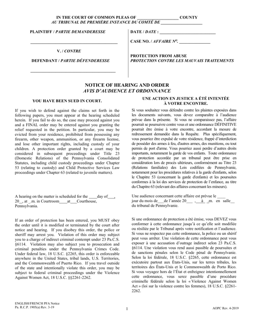Notice of Hearing and Order - Pennsylvania (English / French) Download Pdf