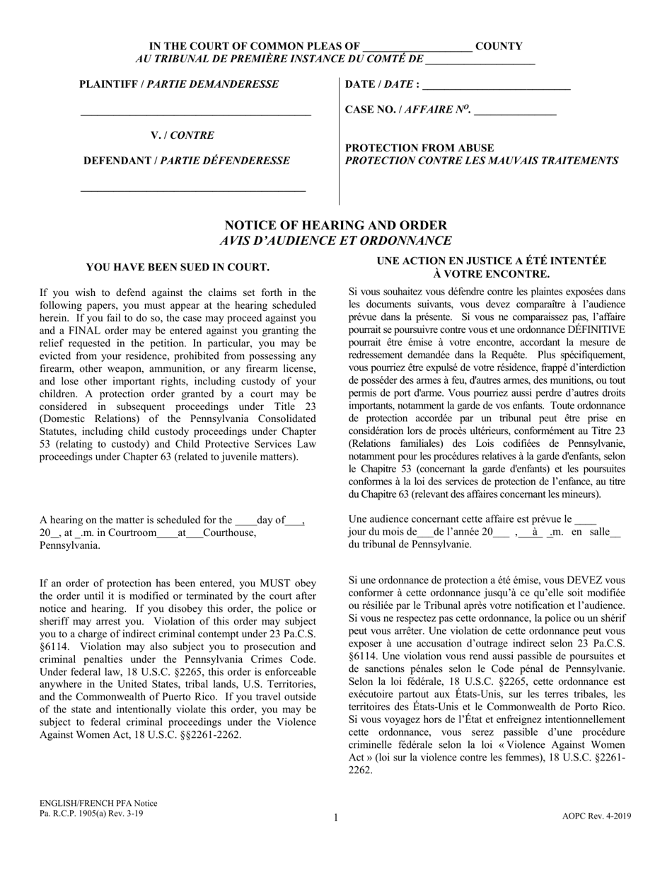 Notice of Hearing and Order - Pennsylvania (English / French), Page 1