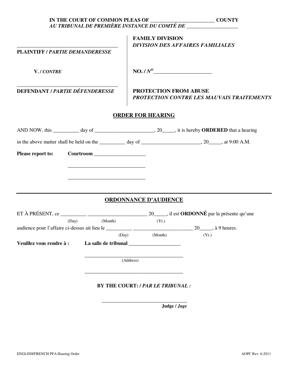 Order for Hearing - Pennsylvania (English / French), Page 1