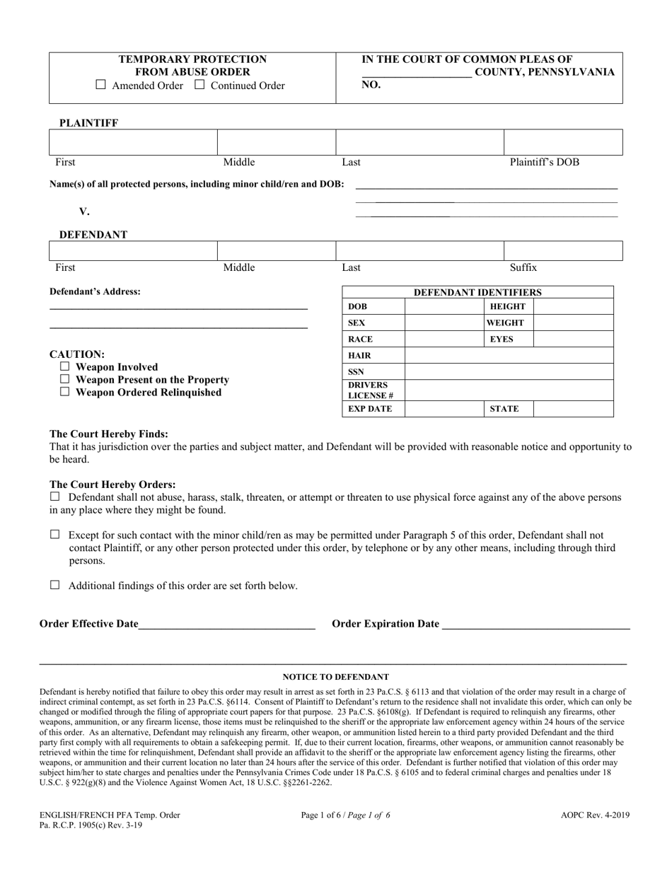 Temporary Protection From Abuse Order - Pennsylvania (English / French), Page 1