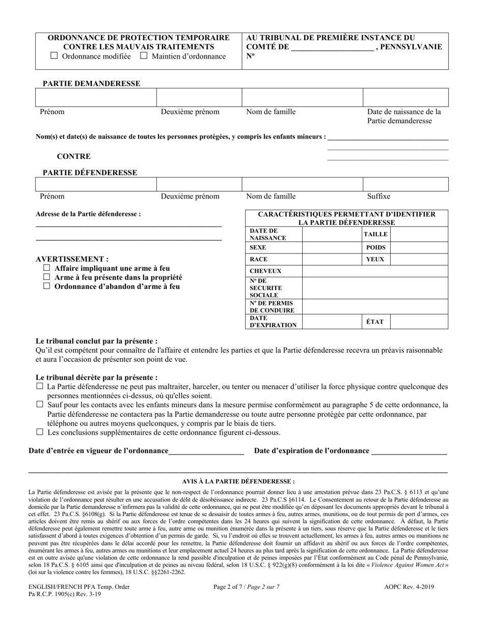 Temporary Protection From Abuse Order - Pennsylvania (English / French), Page 2