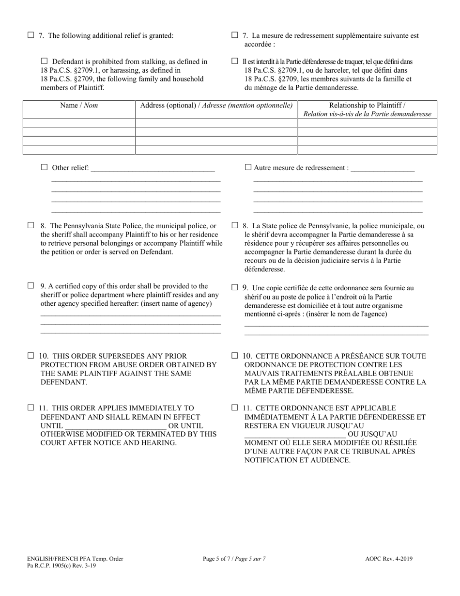 Temporary Protection From Abuse Order - Pennsylvania (English / French), Page 5