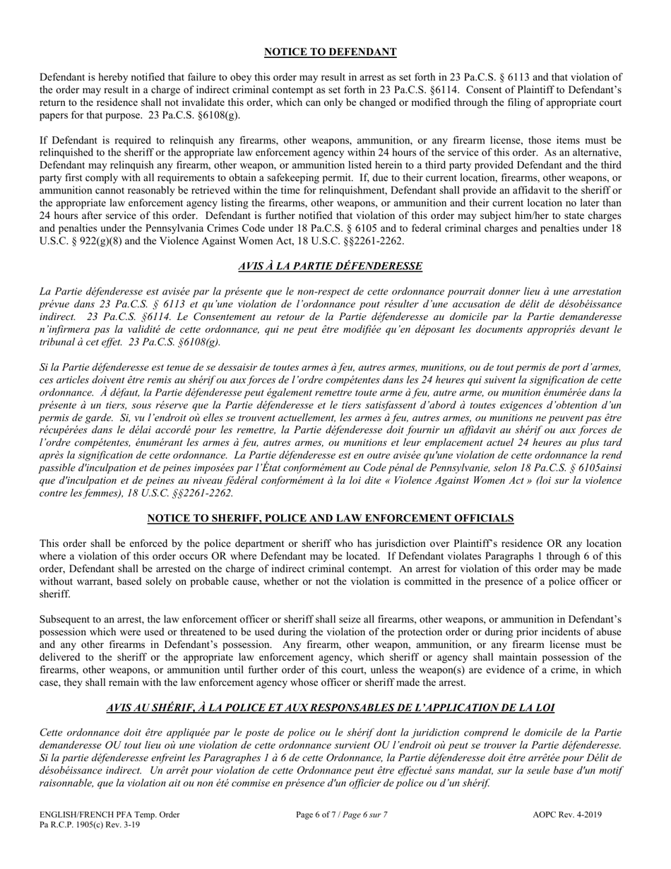Temporary Protection From Abuse Order - Pennsylvania (English / French), Page 6