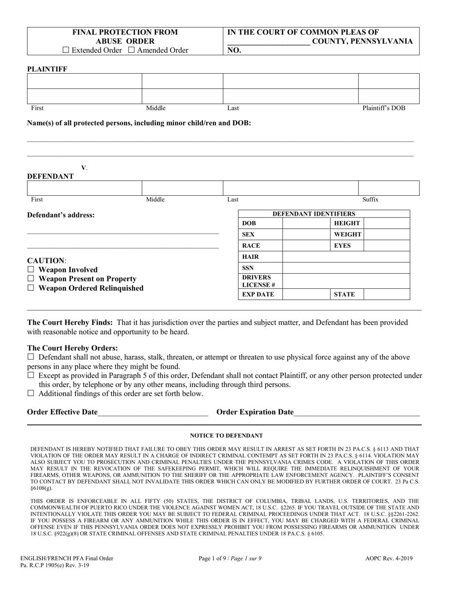 Final Protection From Abuse Order - Pennsylvania (English / French), Page 1