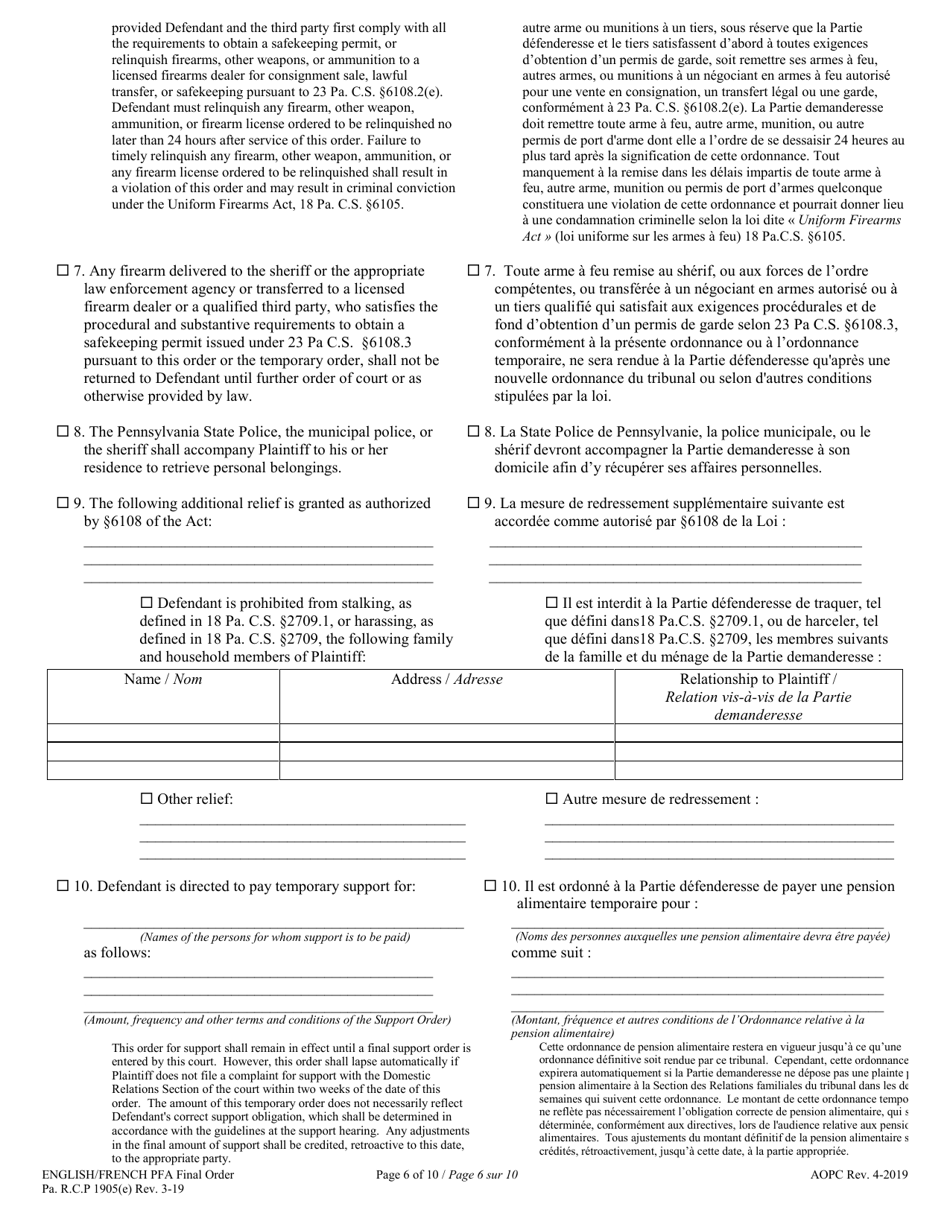 Final Protection From Abuse Order - Pennsylvania (English / French), Page 6
