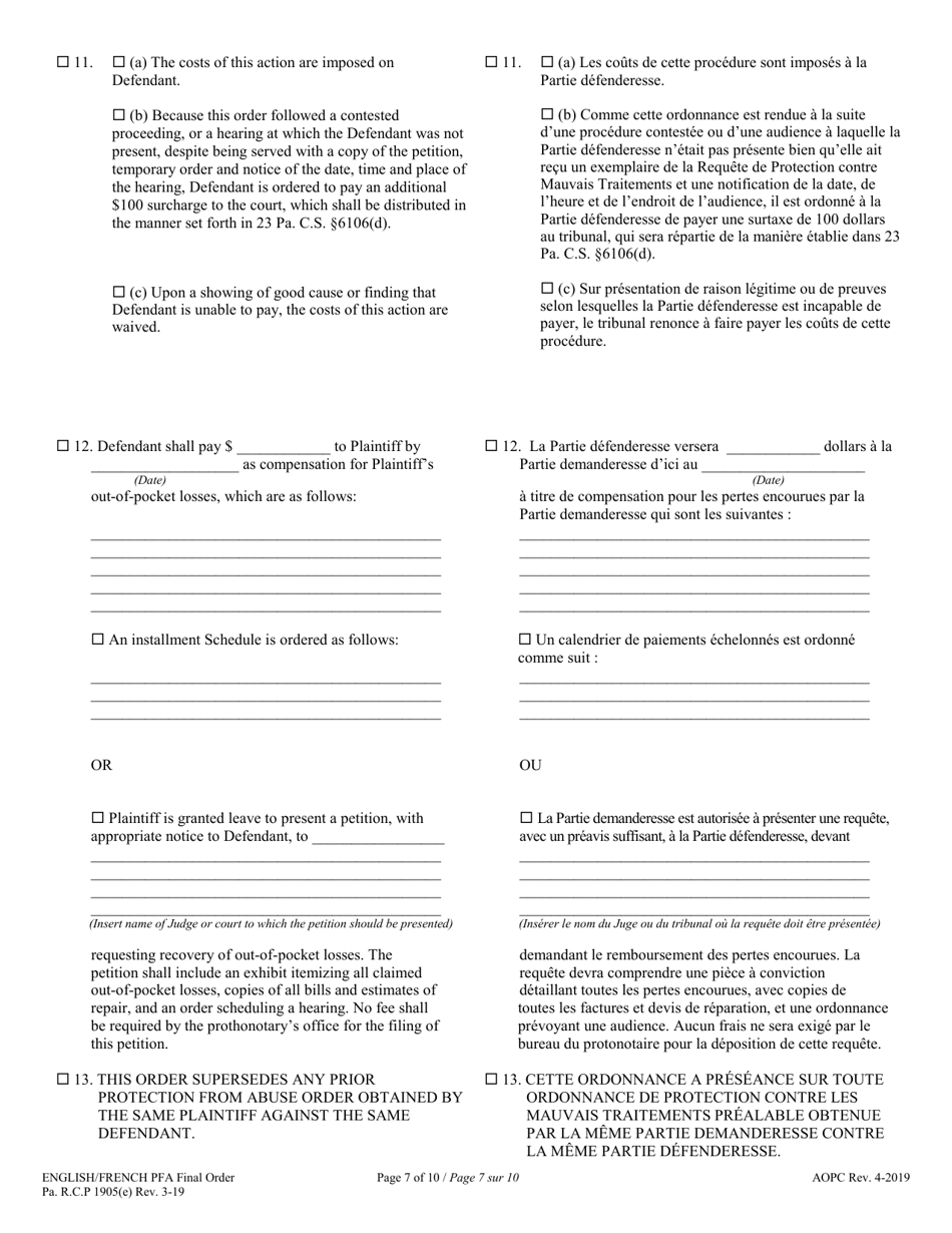 Final Protection From Abuse Order - Pennsylvania (English / French), Page 7