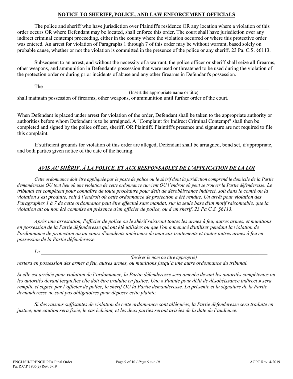 Final Protection From Abuse Order - Pennsylvania (English / French), Page 9