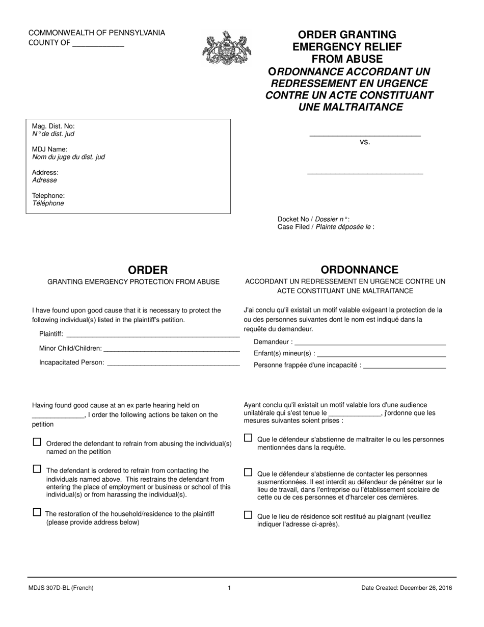 Form MDJS307D-BL Order Granting Emergency Relief From Abuse - Pennsylvania (English / French), Page 1