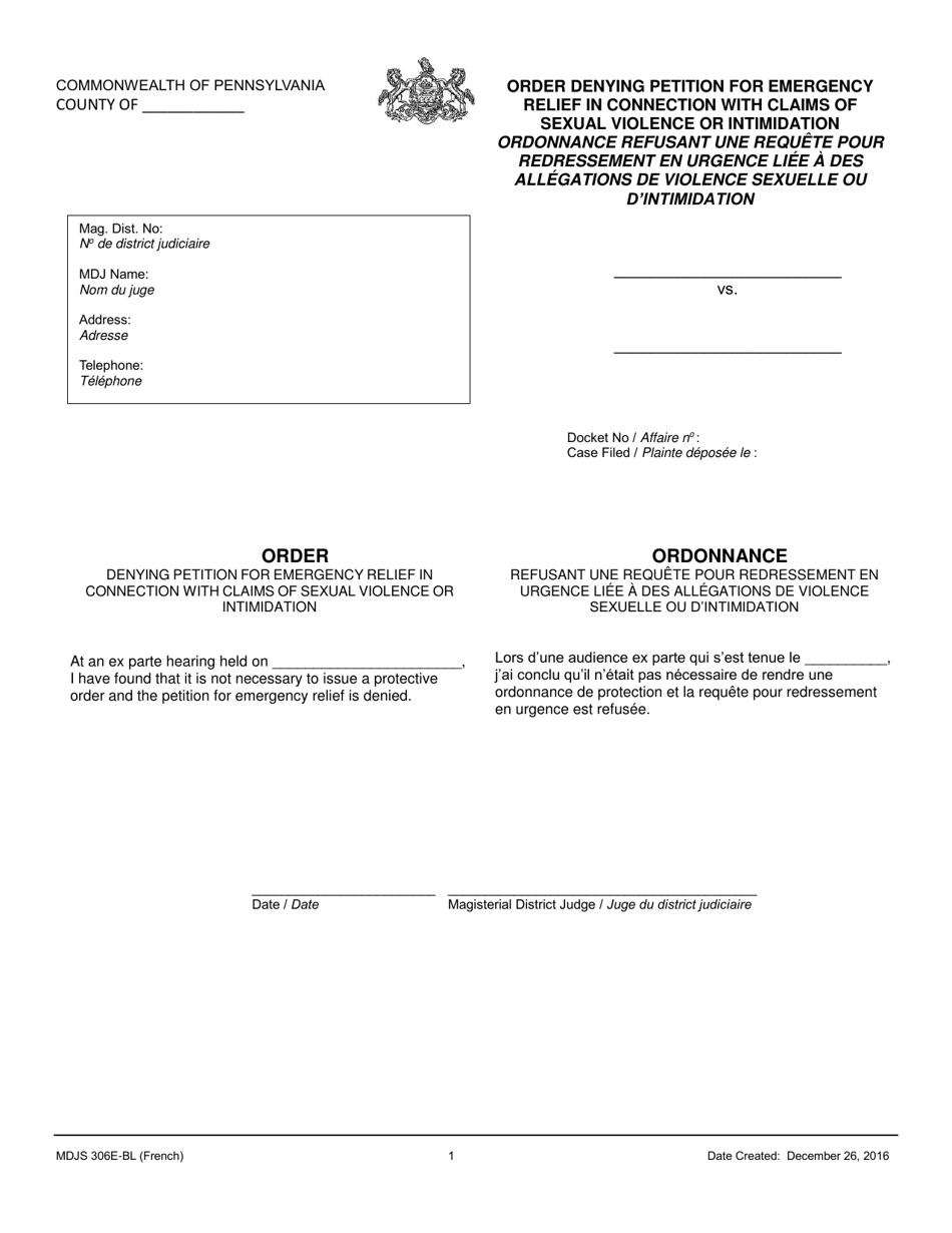 Form MDJS306E-BL Order Denying Petition for Emergency Relief in Connection With Claims of Sexual Violence or Intimidation - Pennsylvania (English / French), Page 1