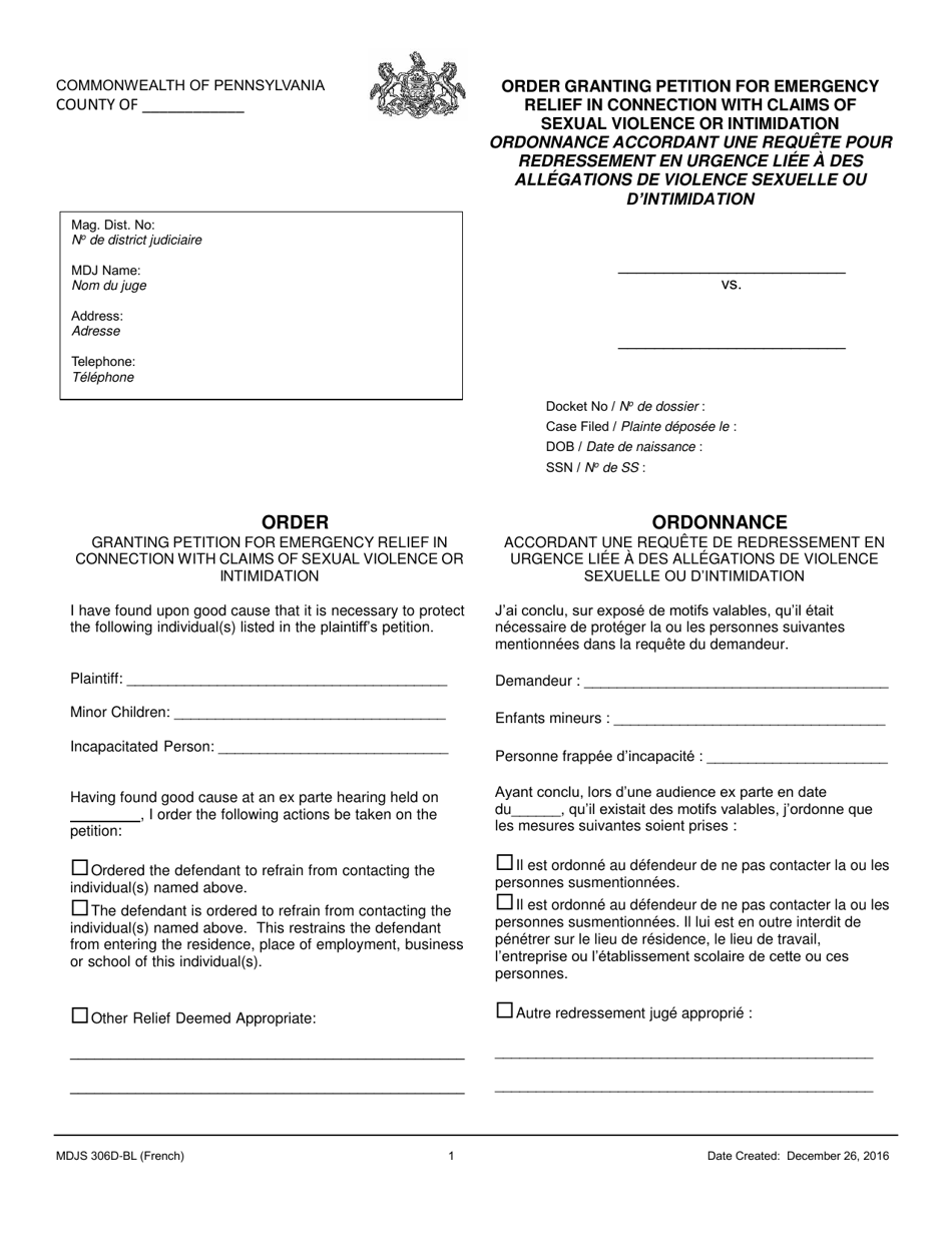 Form MDJS306D-BL Order Granting Petition for Emergency Relief in Connection With Claims of Sexual Violence or Intimidation - Pennsylvania (English / French), Page 1