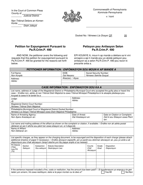 Petition for Expungement Pursuant to Pa.r.crim.p. 490 - Pennsylvania (English / Haitian Creole) Download Pdf