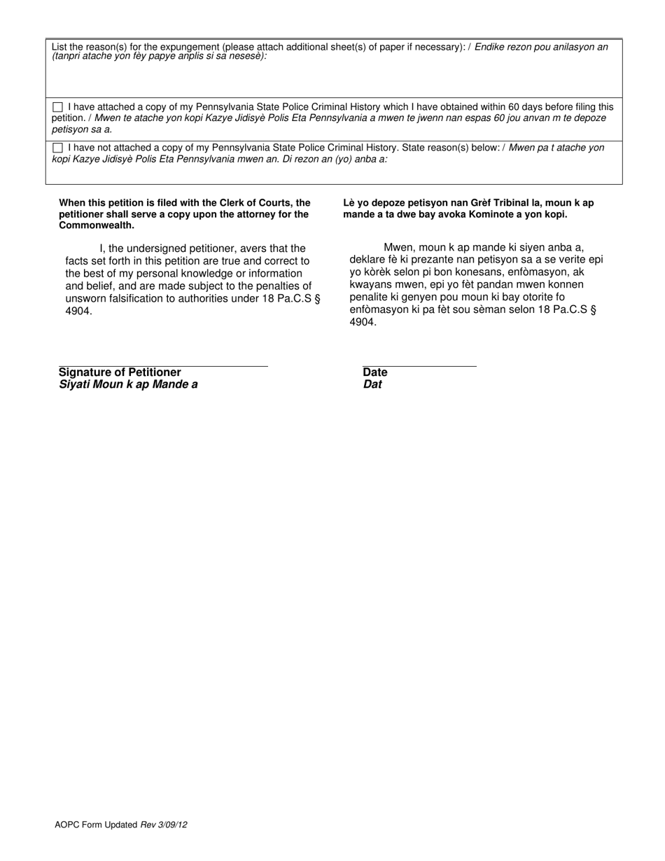 Petition for Expungement Pursuant to Pa.r.crim.p. 790 - Pennsylvania (English / Haitian Creole), Page 2