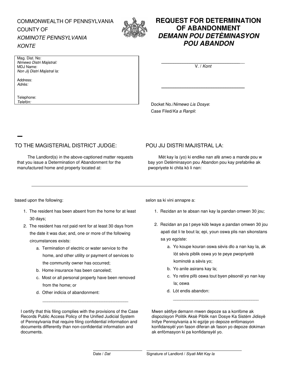 Pennsylvania Request for Determination of Abandonment Fill Out, Sign