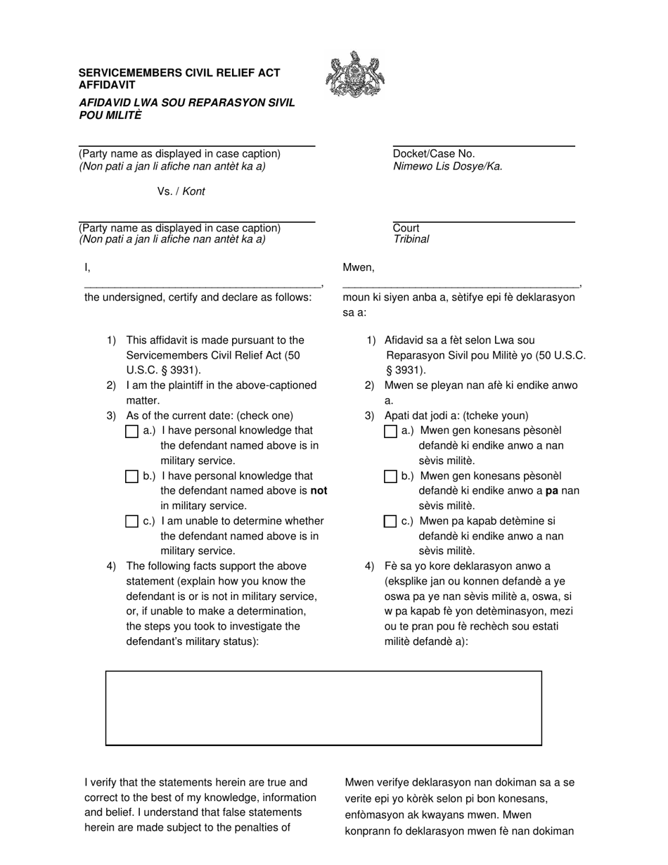 Servicemembers Civil Relief Act Affidavit - Pennsylvania (English/Haitian Creole), Page 1