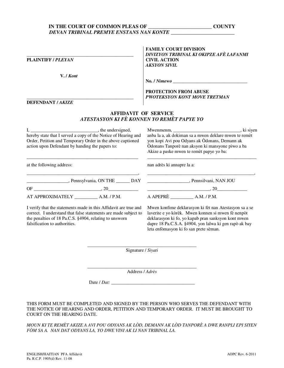 Pennsylvania Affidavit of Service (English/Haitian Creole) - Fill Out ...