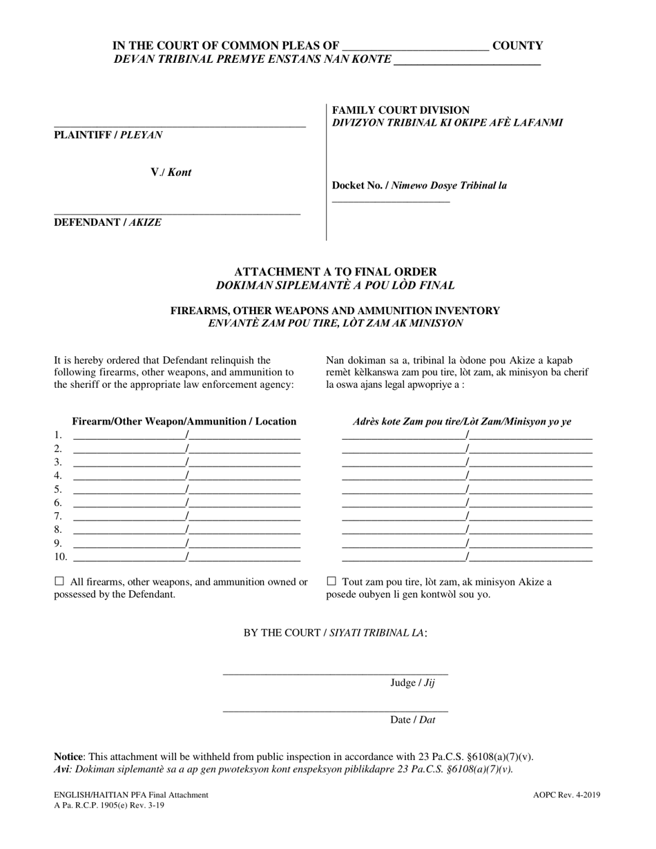 Attachment A Final Protection From Abuse Order - Firearms, Other Weapons and Ammunition Inventory - Pennsylvania (English / Haitian Creole), Page 1