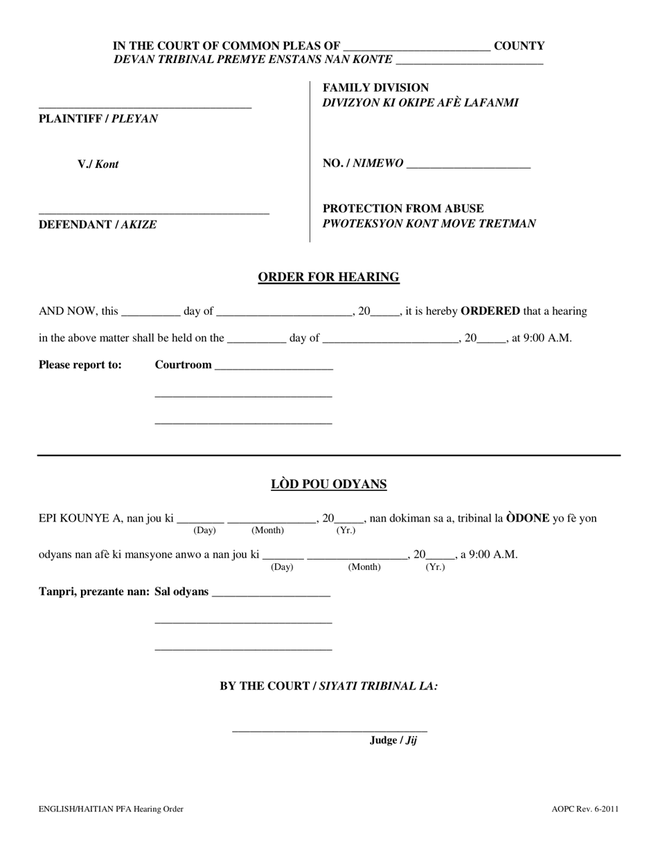Order for Hearing - Pennsylvania (English / Haitian Creole), Page 1