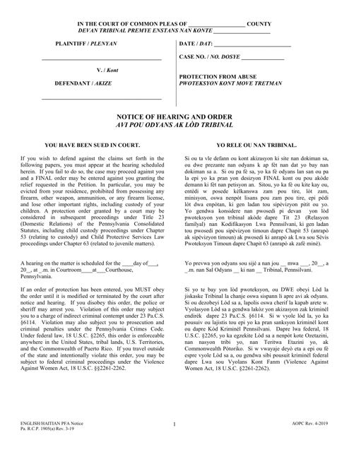 Notice of Hearing and Order - Pennsylvania (English / Haitian Creole) Download Pdf