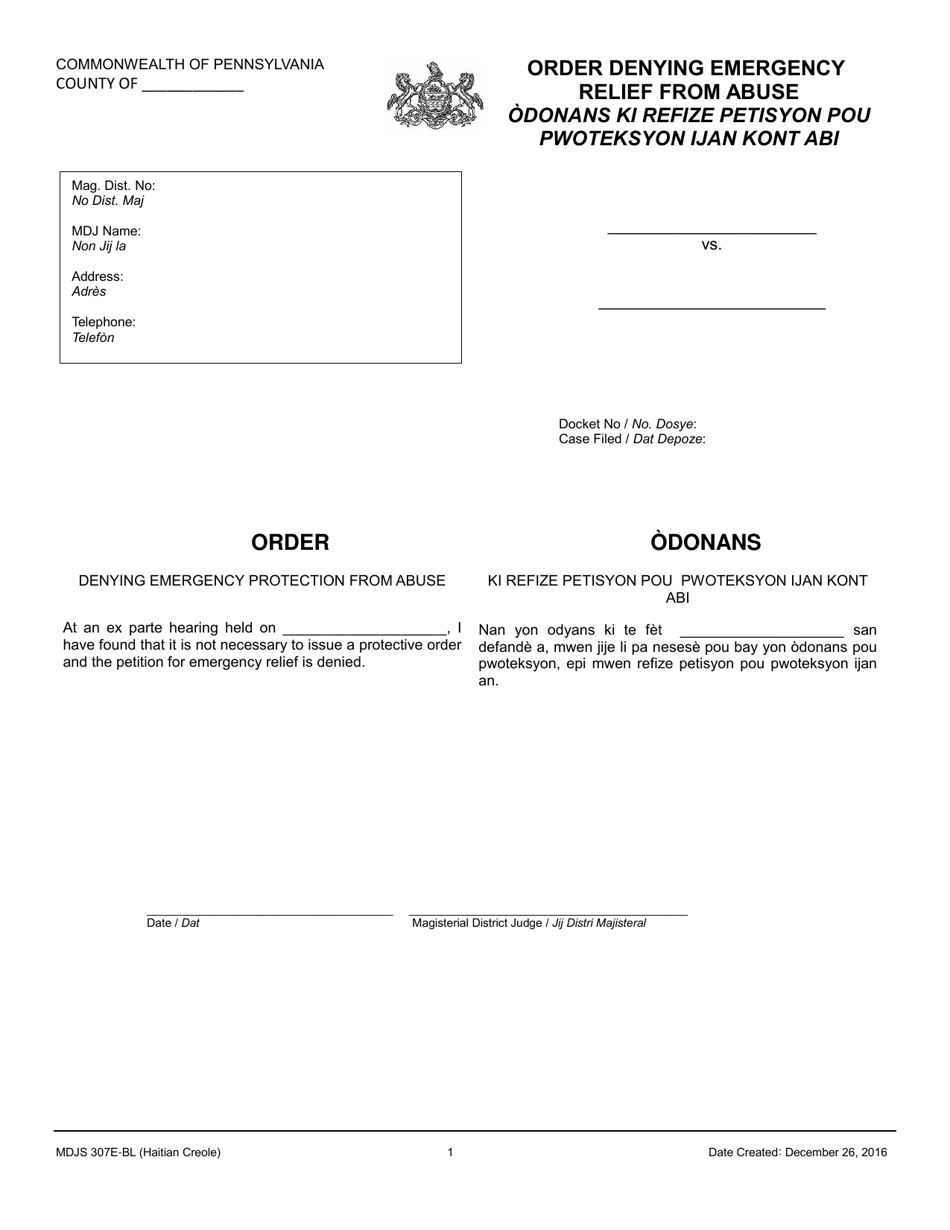 Form MDJS307E-BL Order Denying Emergency Relief From Abuse - Pennsylvania (English / Haitian Creole), Page 1
