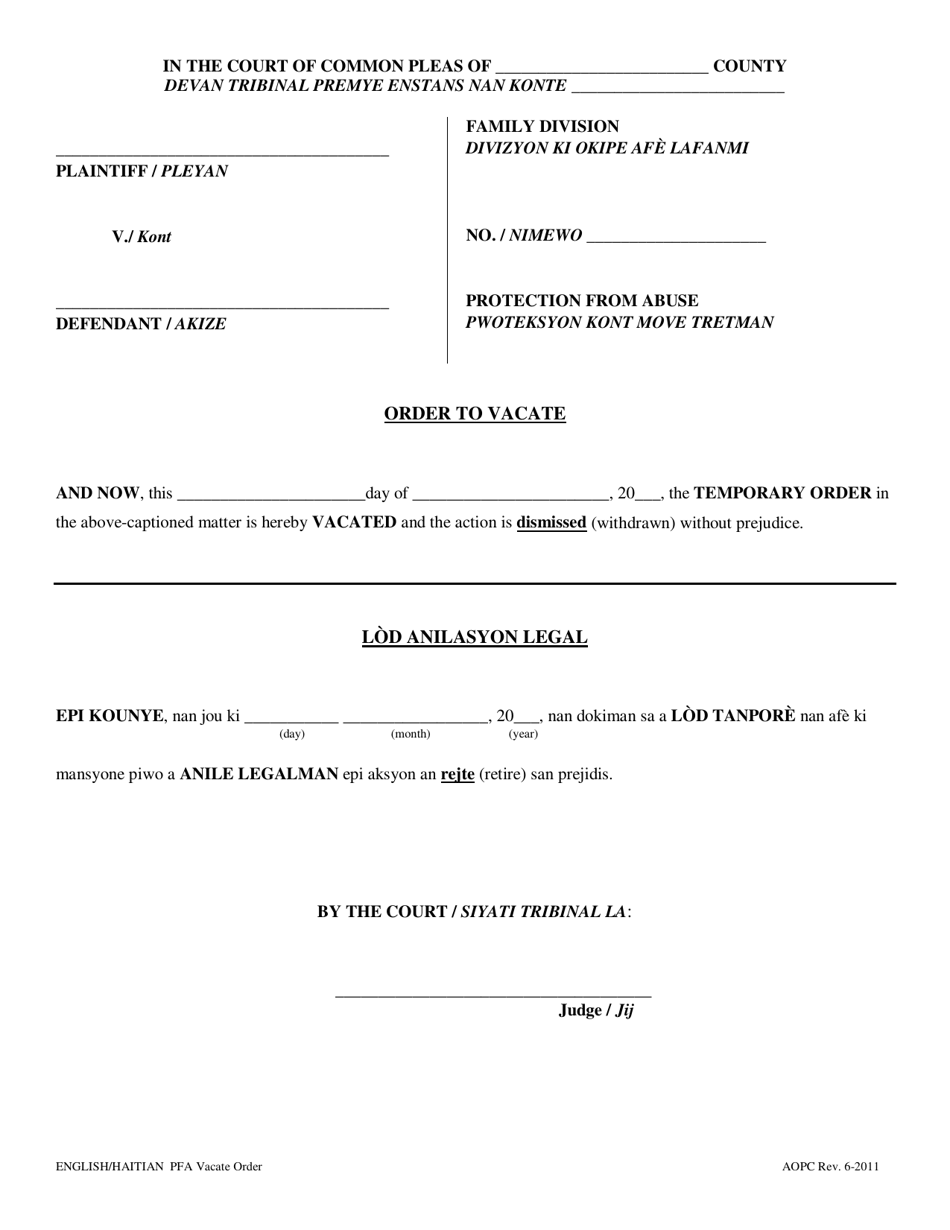 Pennsylvania Order to Vacate - Fill Out, Sign Online and Download PDF ...