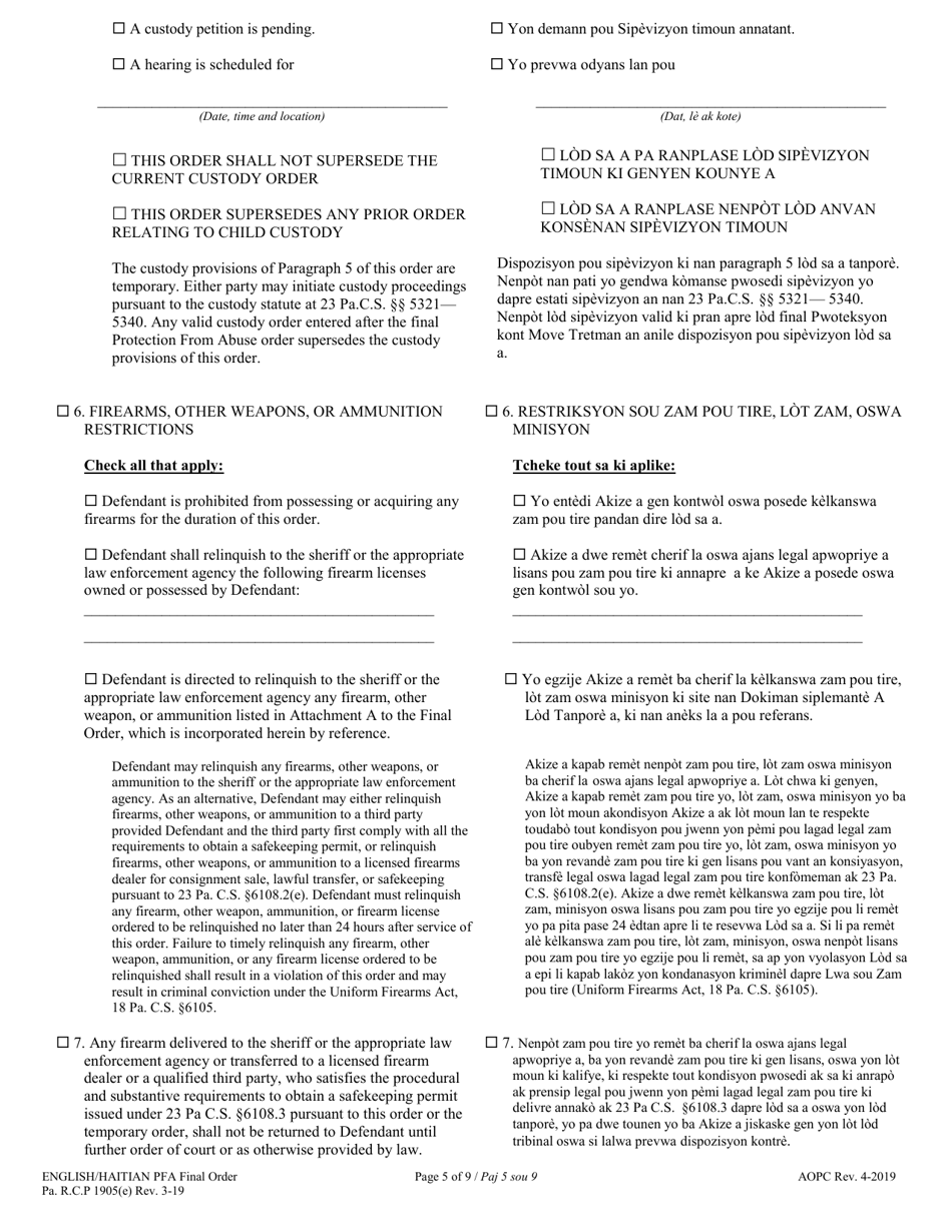 Final Protection From Abuse Order - Pennsylvania (English / Haitian Creole), Page 5