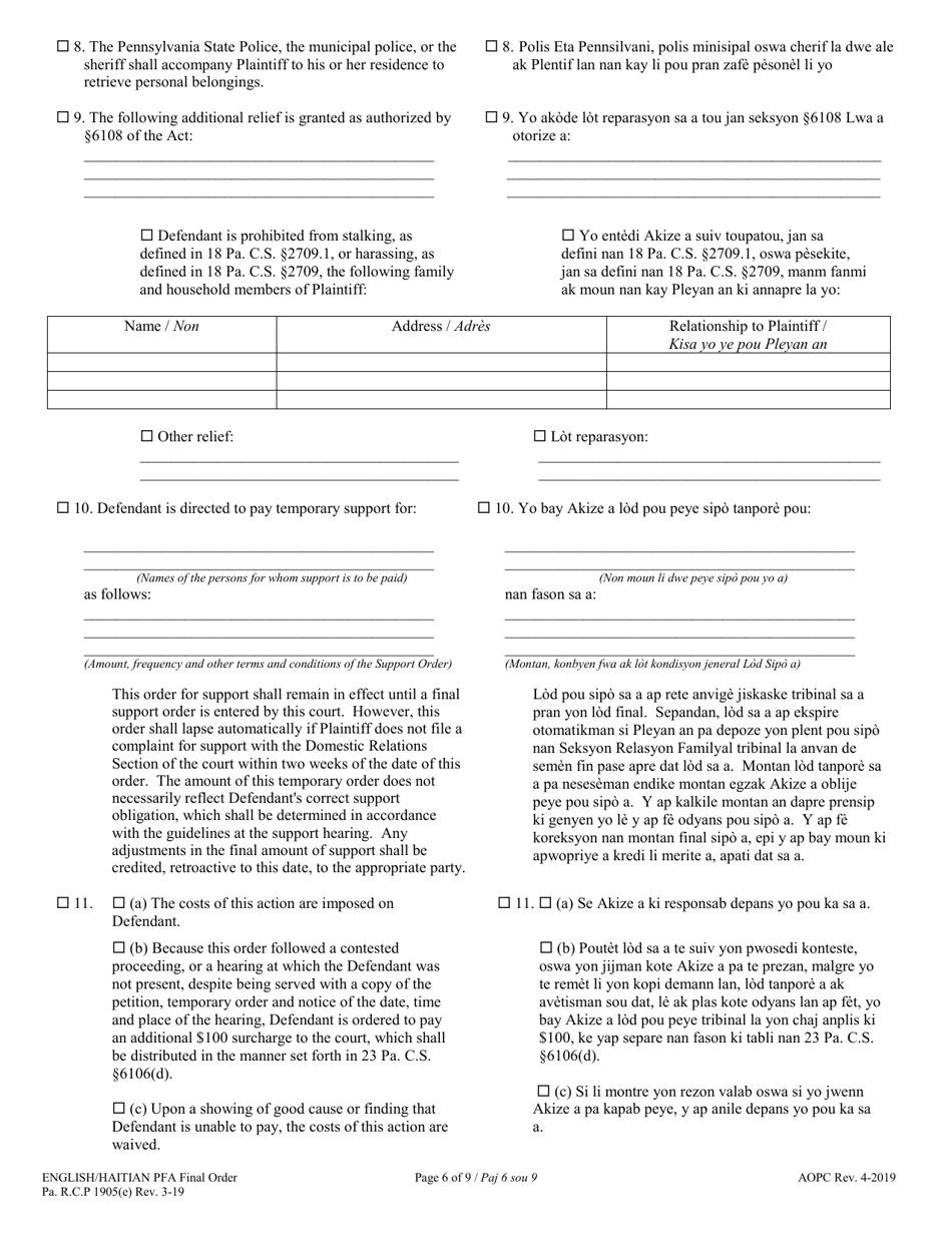 Final Protection From Abuse Order - Pennsylvania (English / Haitian Creole), Page 6