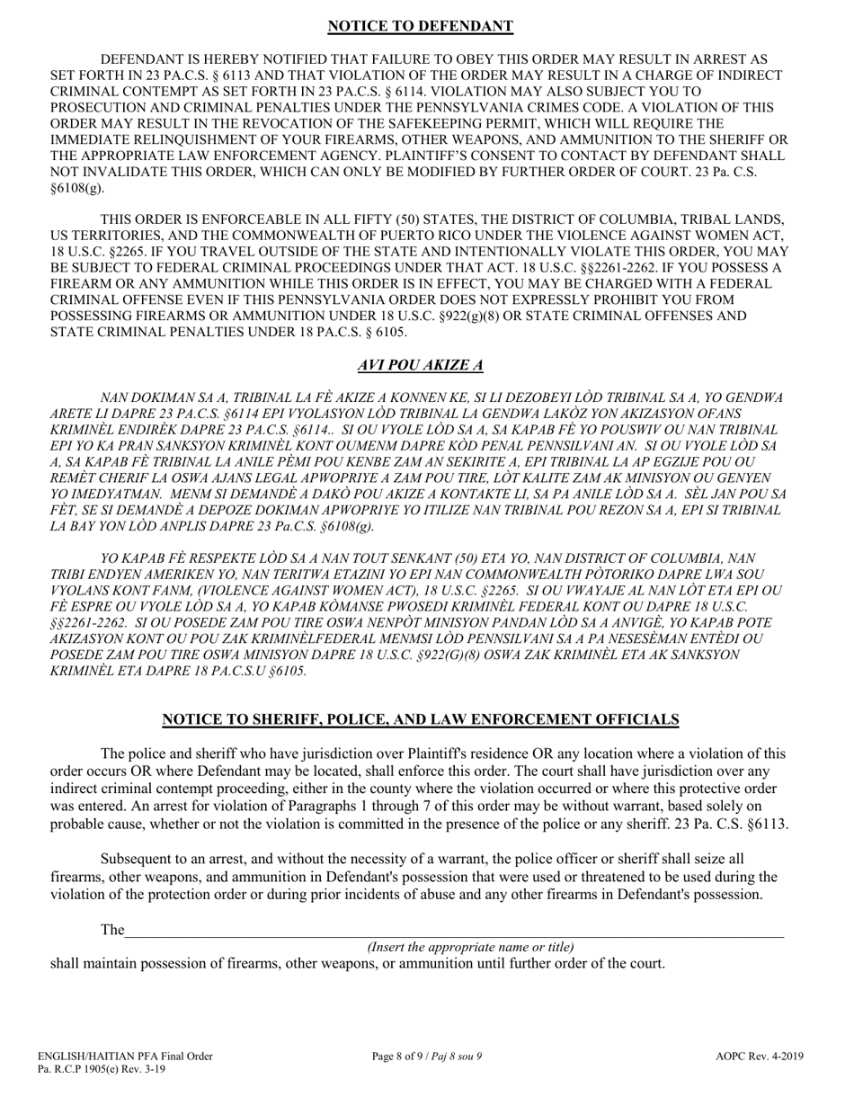 Final Protection From Abuse Order - Pennsylvania (English / Haitian Creole), Page 8