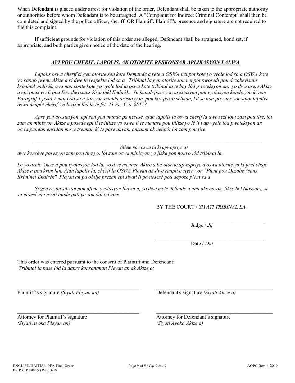 Final Protection From Abuse Order - Pennsylvania (English / Haitian Creole), Page 9