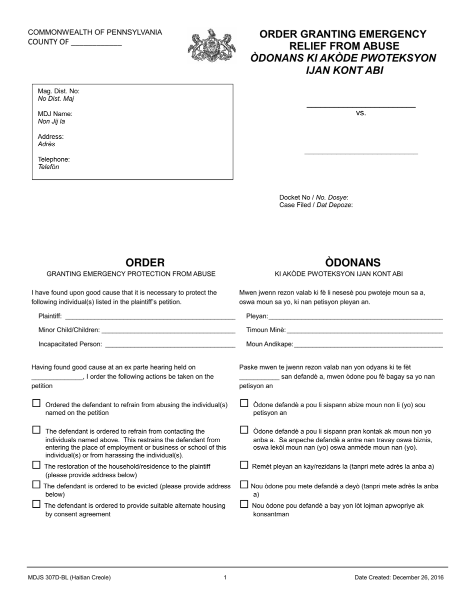 Form MDJS307D-BL Order Granting Emergency Relief From Abuse - Pennsylvania (English / Haitian Creole), Page 1