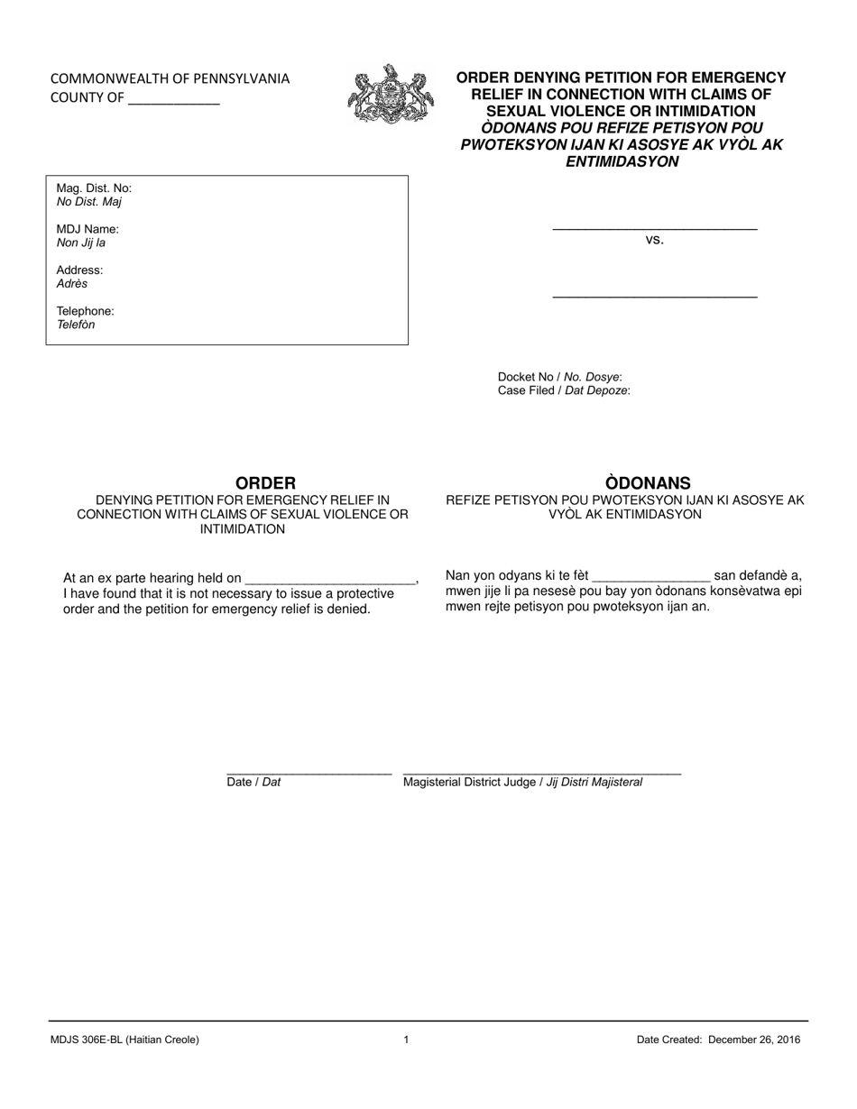 Form MDJS306E-BL Order Denying Petition for Emergency Relief in Connection With Claims of Sexual Violence or Intimidation - Pennsylvania (English / Haitian Creole), Page 1