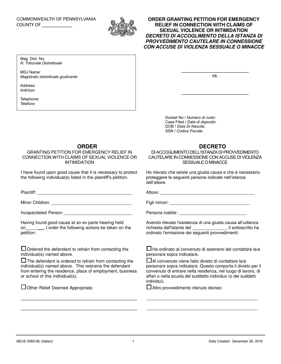 Form MDJS306D-BL Order Granting Petition for Emergency Relief in Connection With Claims of Sexual Violence or Intimidation - Pennsylvania (English / Italian), Page 1
